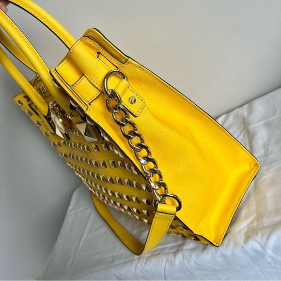 MICHAEL KORS Yellow RARE Studded XL Hamilton Satchel Shoulder Bag Raven Selma - Picture 3 of 10